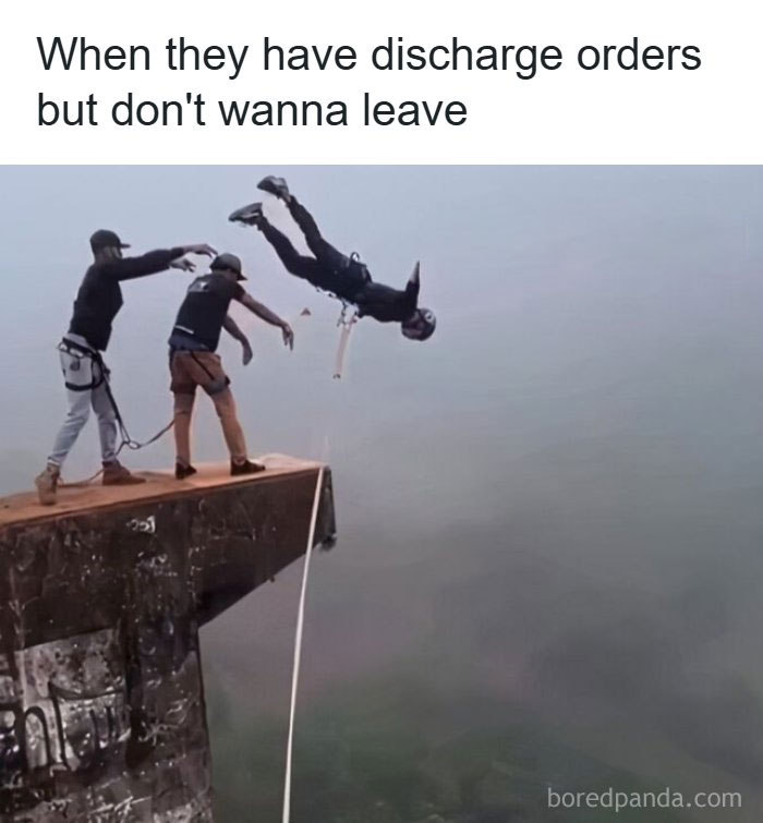 Person bungee jumping off a platform with two men pushing, humorously captioned about discharge orders in healthcare memes.