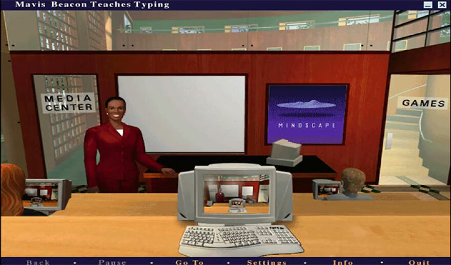 A screenshot from the Mavis Beacon Teaches Typing software, featuring a virtual instructor. Take a trip down memory lane!