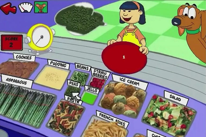 A colorful children's game interface showing a cartoon girl and dog at a buffet, stirring up nostalgia and making people take a trip down memory lane.