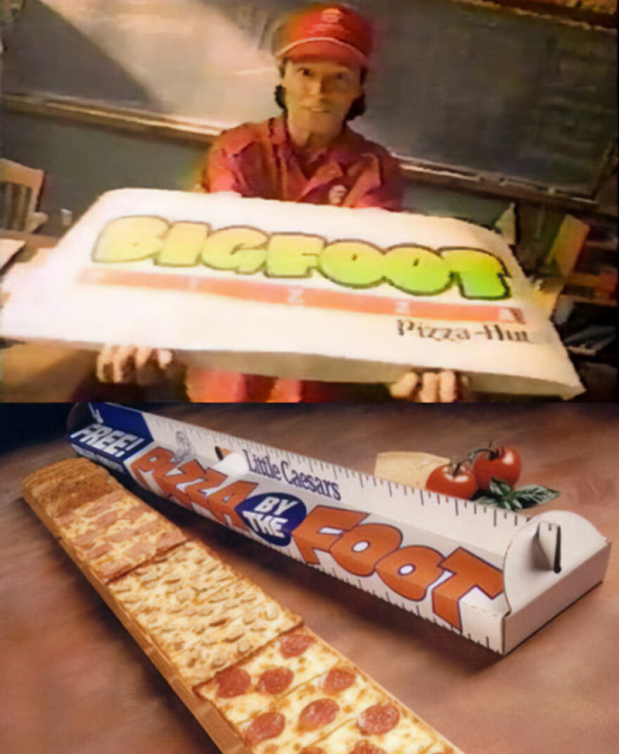 Two retro pizza ads from Pizza Hut and Little Caesars. A man holds a Bigfoot Pizza-Hut sign, and a long Little Caesars pizza box sits with a pizza. Take a trip down memory lane!