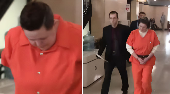 Uma mulher de macacão laranja, com os pulsos algemados, é escoltada por um homem de terno, relacionado a prisões em um caso de desaparecimento.