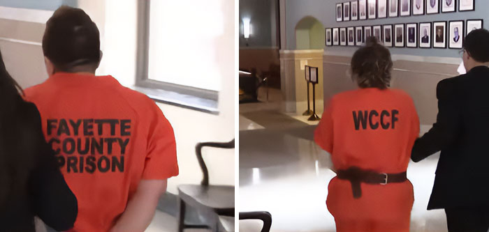 Dois indivíduos em macacões laranja e de costas para a câmera, rotulados como Fayette County Prison e WCCF, após suas prisões.