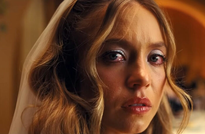 Close-up of Sydney Sweeney with detailed makeup, highlighting the backlash over her portrayal in Euphoria Season 3 episode.