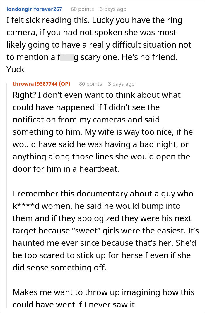 A Reddit thread discussing a disturbing friend visits scenario, with users expressing alarm about a woman being alone.