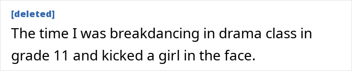 Text from an article entry: a student recounts a devastatingly embarrassing moment of kicking a girl in the face breakdancing.