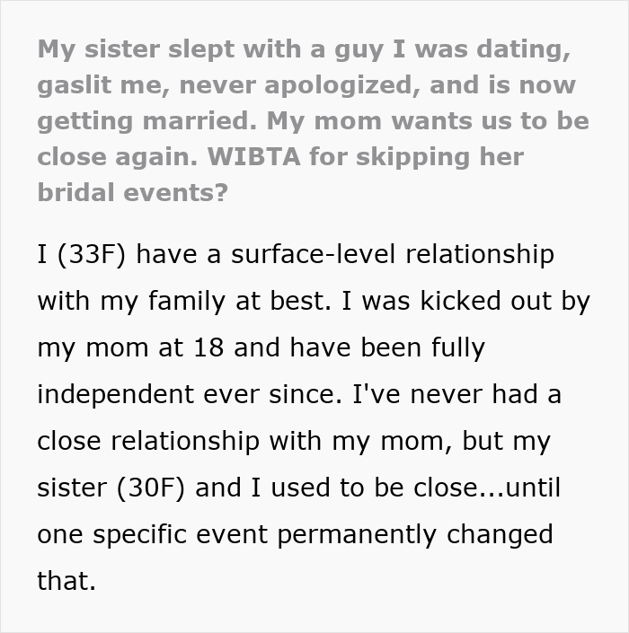 Text excerpt about lady hooking up with her sister's boyfriend, causing family tension and wedding attendance dilemma.