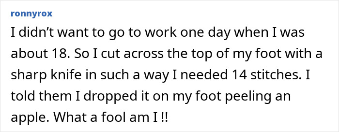 User story about a stupid injury where a sharp knife caused a cut requiring 14 stitches on foot.