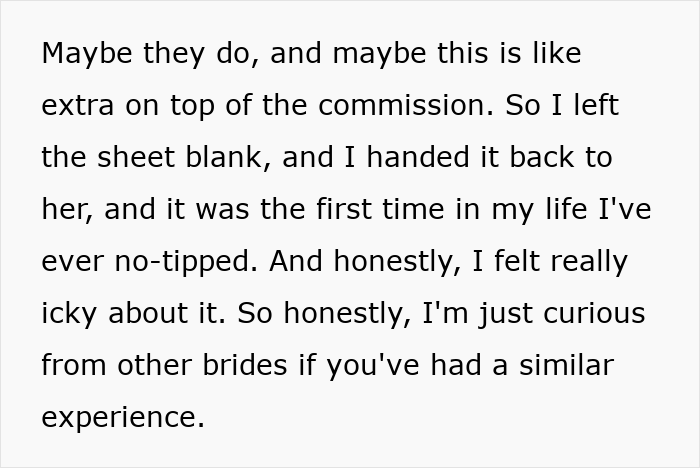 Alt text: Woman shares her experience refusing to tip for a wedding dress and feeling icky about it online discussion
