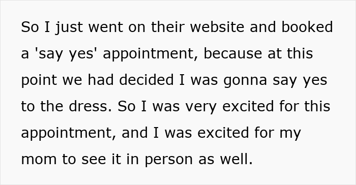 Text describing a woman booking a wedding dress appointment after deciding to say yes to the dress.