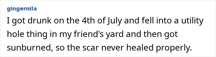 Screenshot of a social media post describing a stupid injury story involving a fall and lasting scar.