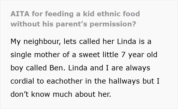 Screenshot of AITA text, a woman feeding a neighbor's son without permission. Relates to trying to transition her son into vegan.