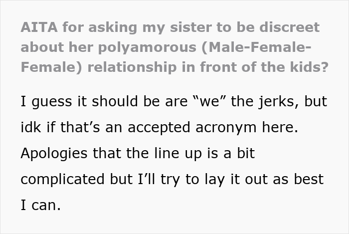 Text excerpt discussing a polyamorous relationship and family concerns about open affection around the kids.