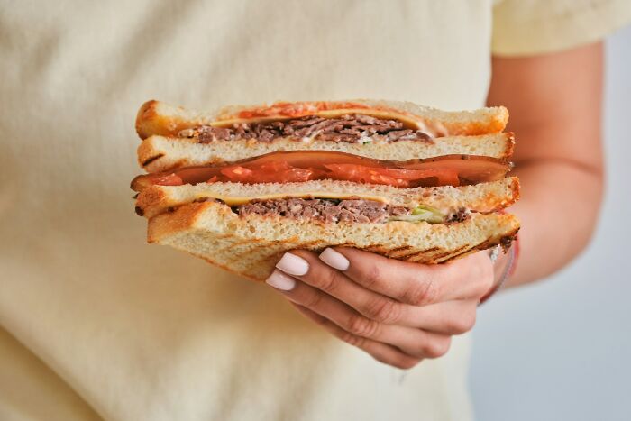 Person holding a grilled sandwich with tomato and meat layers, highlighting gynecologists questioning their career path.