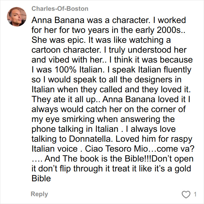 Screenshot of a comment describing the reality of working for Anna Wintour, highlighting experiences from ex-assistants.