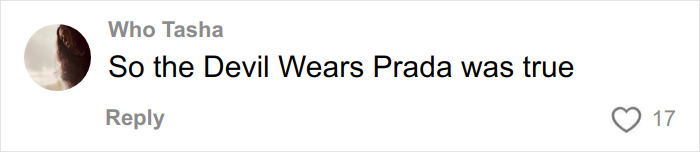 Comment reading so the Devil Wears Prada was true with 17 likes, discussing Anna Wintour and Vogue work reality.