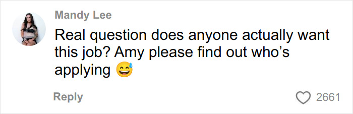Comment by Mandy Lee questioning if anyone wants the job, asking Amy to find out who is applying, with a smiling emoji and 2661 likes.