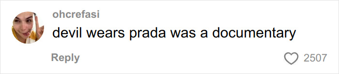 Comment on social media stating devil wears prada was a documentary with 2507 likes, reflecting on the reality of working for Anna Wintour.