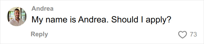 Comment by Andrea asking if they should apply, depicted with a profile photo and 73 likes, related to working for Vogue icon.