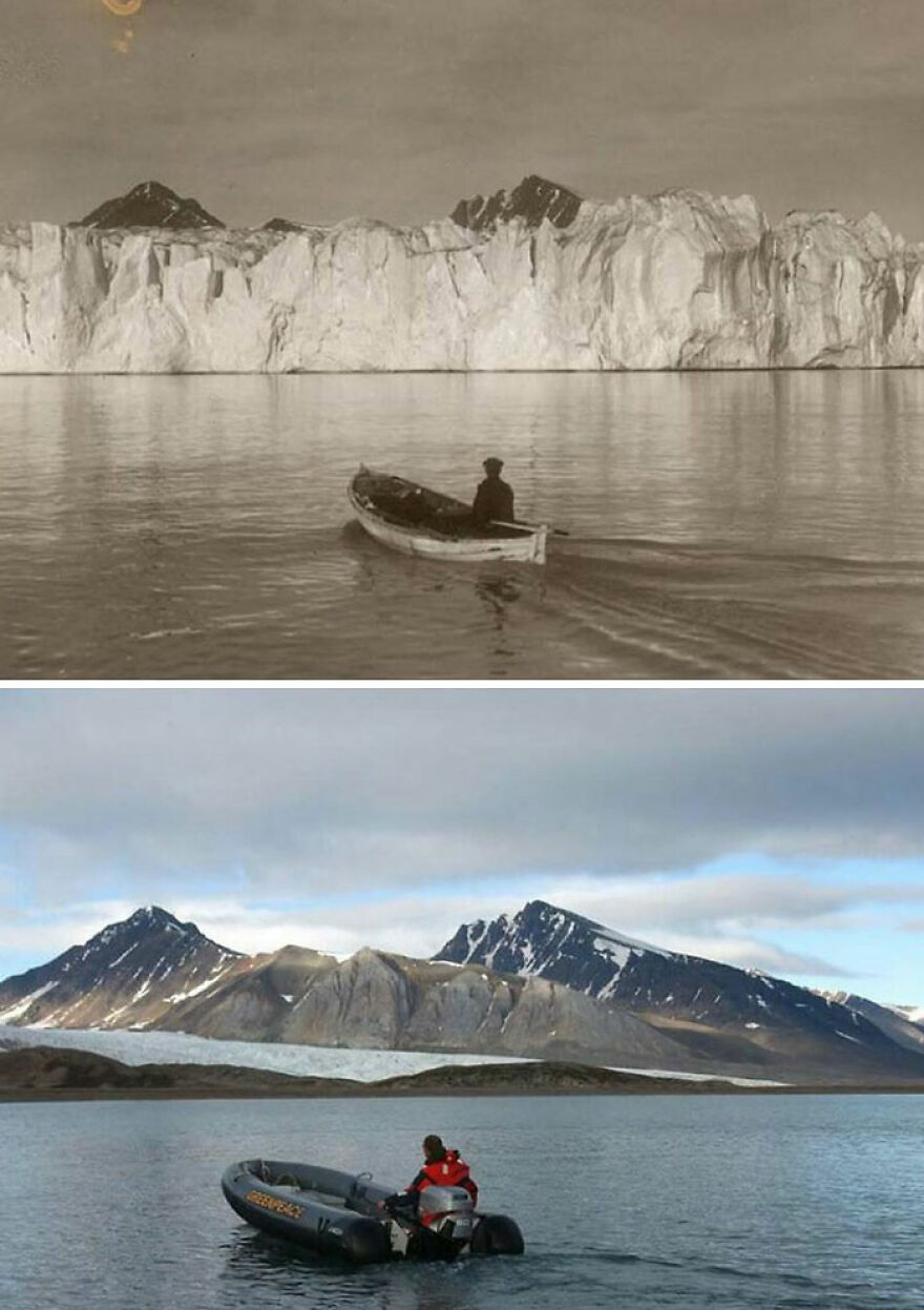 Fascinating photos contrasting a 1918 glacier with a modern view, revealing historical landscape changes and teaching history.