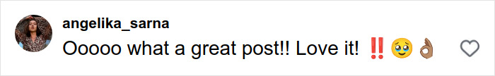 Captura de tela do comentário de angelika_sarna no Instagram elogiando uma postagem com emojis expressando entusiasmo e aprovação. Captura de tela do comentário de angelika_sarna no Instagram elogiando uma postagem com emojis expressando entusiasmo e aprovação.