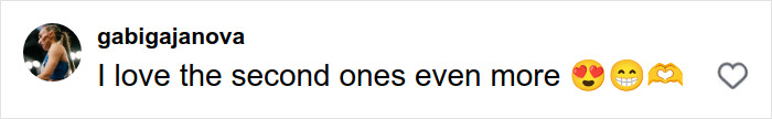 Comentário do usuário gabigajanova expressando amor pelas segundas fotos com olhos de coração e emojis de rosto sorridente. Comentário do usuário gabigajanova expressando amor pelas segundas fotos com olhos de coração e emojis de rosto sorridente.