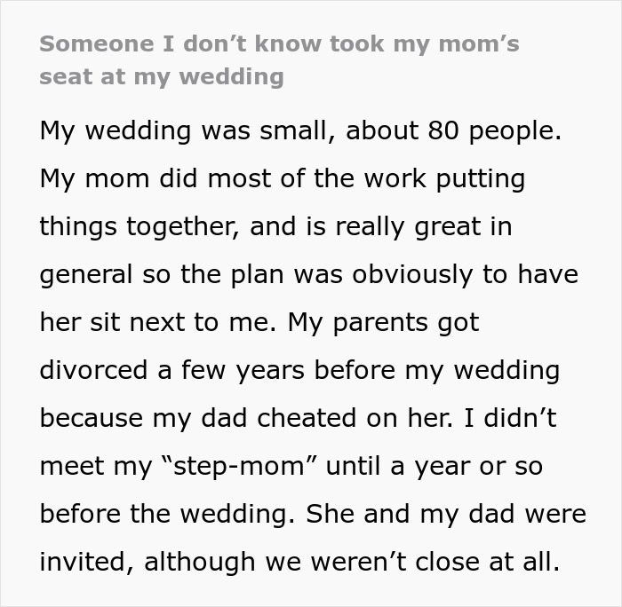 A screenshot of a text recounting a wedding incident: a stranger took the bride's mother's seat at the main wedding table, showing entitlement.