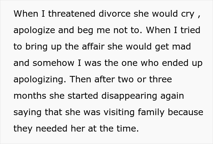 Text snippet of a woman begging husband to cancel divorce after her affair. The relationship struggles are detailed.