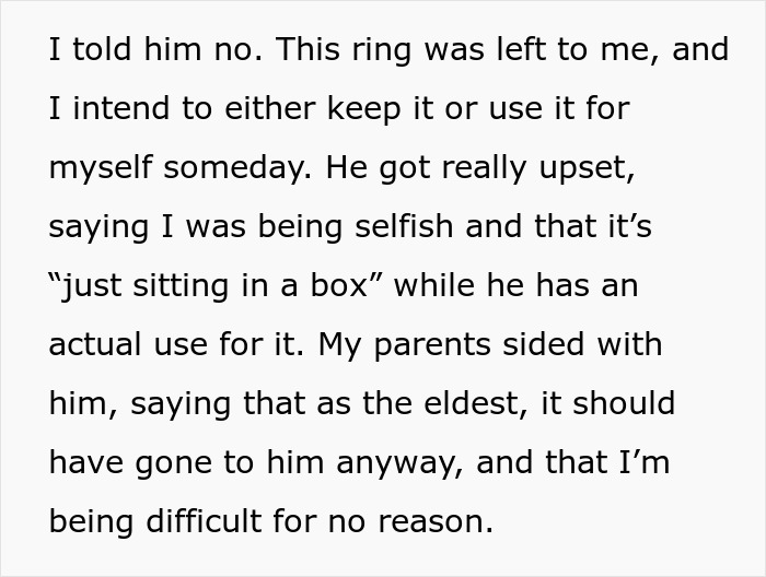 Text excerpt about a sibling refusing to give up a beloved heirloom ring for a proposal, causing family conflict.