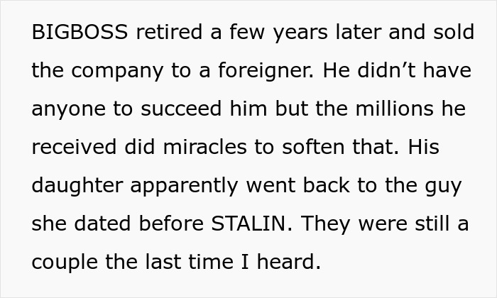Text describing the horrible boss who gets perfect revenge: BIGBOSS retired, sold company for millions, daughter back with ex.