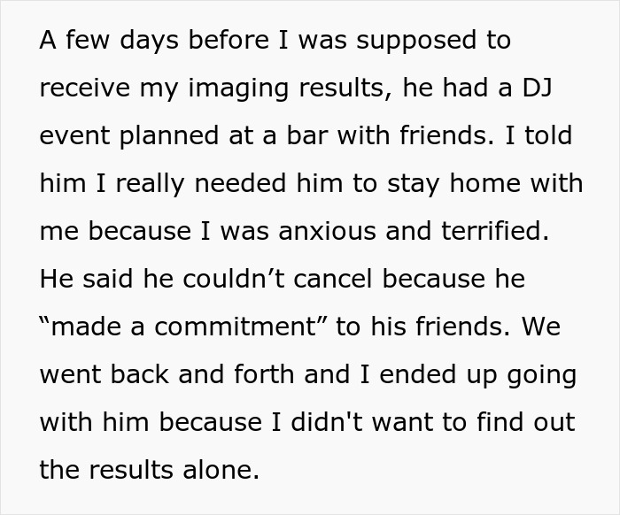 Text on a light background about a wife's cervical cancer diagnosis anxiety, feeling unsupported by her hubby.