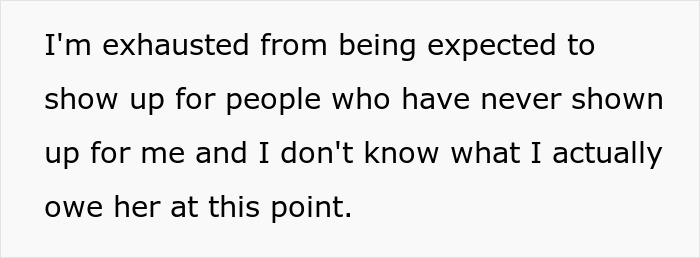 Text showing a message about exhaustion from being expected to show up for people who never supported the writer.