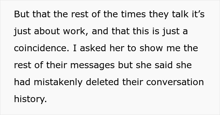 Text excerpt discussing deleted conversation history amid a bedroom twist in a marriage situation.