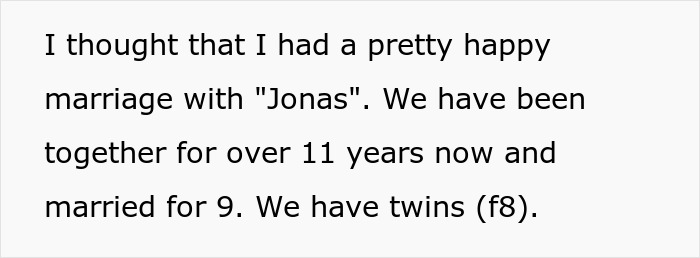 Text reads, "I thought that I had a pretty happy marriage with Jonas". This woman find husband secret wife.
