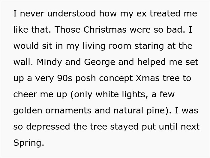Text about a woman reflecting on her hardship during Christmas, feeling depressed and helped by friends with a 90s style Xmas tree.