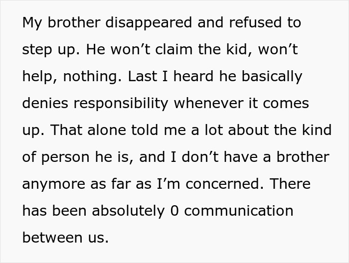 Text on a screen about a brother disappearing and denying responsibility, impacting his role as an uncle. Text on a screen about a brother disappearing and denying responsibility, impacting his role as an uncle.