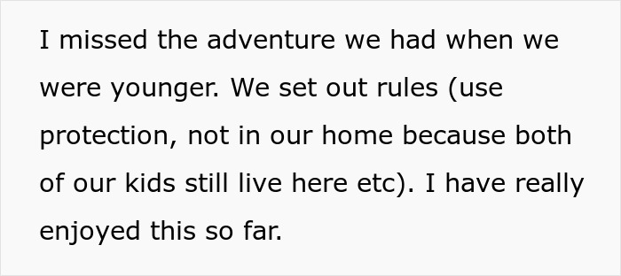 Text excerpt from a woman rediscovering herself after her husband proposes an open marriage, describing rules and enjoyment. Text excerpt from a woman rediscovering herself after her husband proposes an open marriage, describing rules and enjoyment.