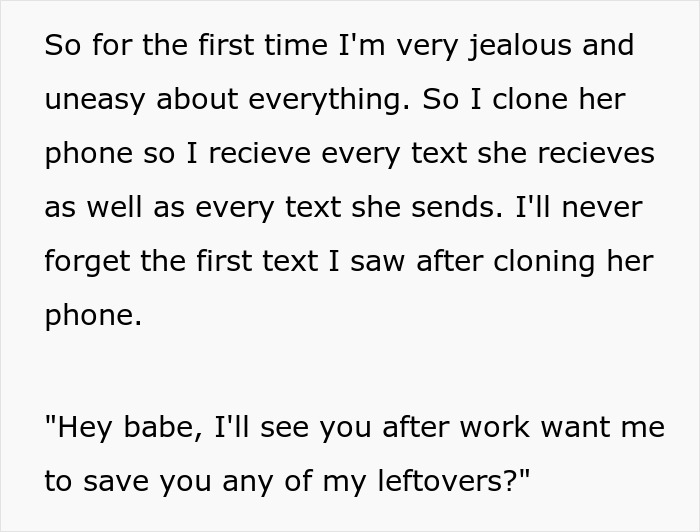 Text excerpt showing a jealous army wife’s phone cloning to catch cheating messages during her deployed husband’s absence.