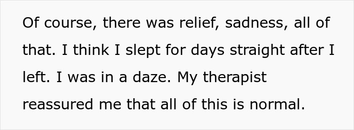 Text excerpt showing a personal reflection on relief, sadness, and therapy reassurance during an emotional outburst.