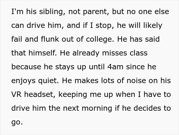 Sibling spends years driving autistic brother everywhere, facing challenges and lack of gratitude for dedicated support. Sibling spends years driving autistic brother everywhere, facing challenges and lack of gratitude for dedicated support.