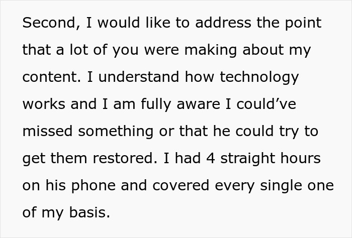 Text excerpt discussing understanding technology and thoroughly checking a phone to prevent restoration attempts in a relationship plan.