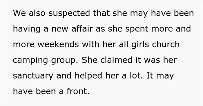 Text about woman suspected of cheating and scamming, spending weekends with her church camping group possibly as a front.
