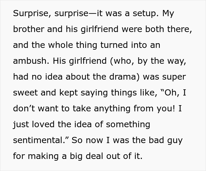 Text describing a sibling conflict where a brother demands a sister&rsquo;s heirloom ring for his proposal, calling her selfish.