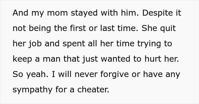 A screen capture of text discussing a mother's decision to stay with a cheating husband despite the affair.