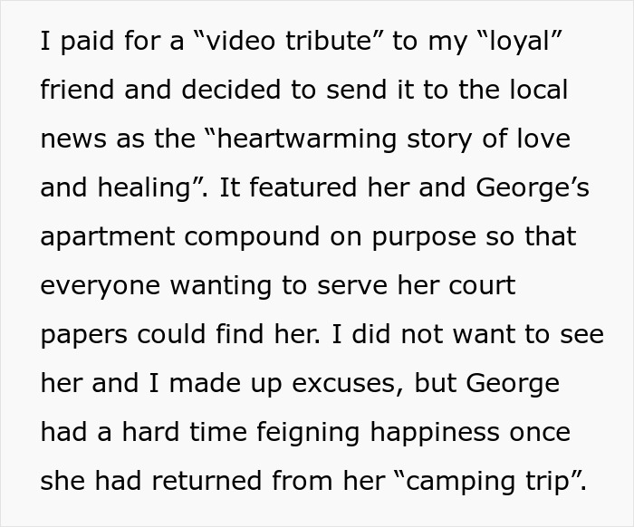 Alt text: Text describing a woman’s video tribute sent to local news exposing cheating and scamming through a public apartment location.