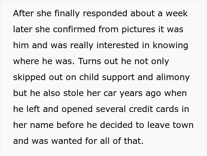 Alt text: text describing a criminal and cheater exposed by ex girlfriend involving child support, stolen car, and credit card fraud.