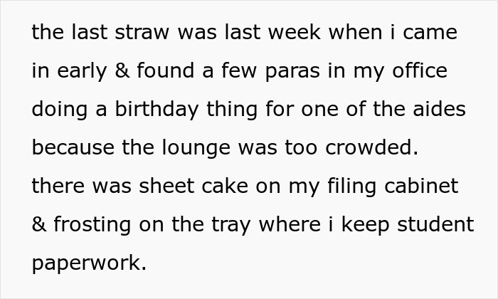 Text about staff using a locking school office for a birthday party, causing a mess and highlighting office staff issues.