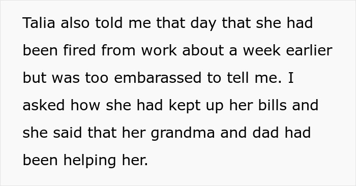Text excerpt discussing a woman recently fired from work, embarrassed to share, relying on family support for bills.