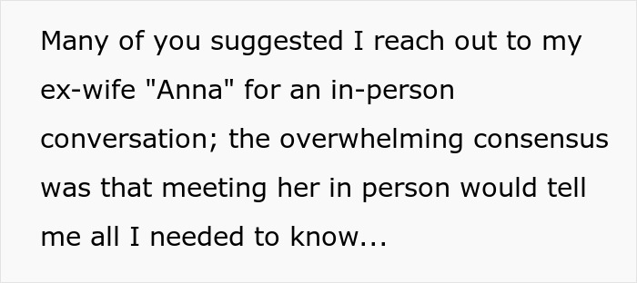 Text excerpt discussing reaching out to ex-wife for an in-person conversation amid fears of loss and asking for a second chance.