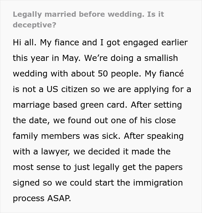 Casal se casa legalmente meses antes da cerimônia de casamento, noiva começa a entrar em pânico pensando que isso vai incomodar os convidados