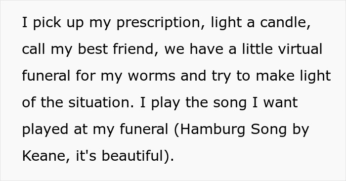 Text about woman&rsquo;s prescription and virtual funeral for worms, relating to senior cat tapeworms and regret.